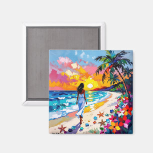 Abstract strandtafereel met levendige zonsondergan magneet