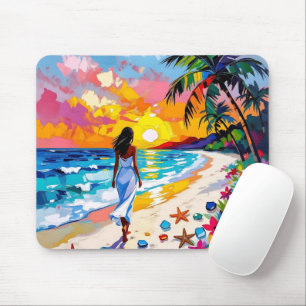 Abstract strandtafereel met levendige zonsondergan muismat