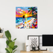 Abstract strandtafereel met levendige zonsondergan poster (Thuiskantoor)