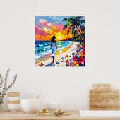 Abstract strandtafereel met levendige zonsondergan poster (Keuken)