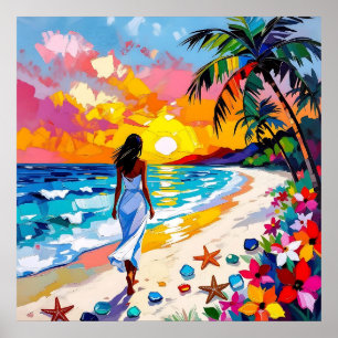 Abstract strandtafereel met levendige zonsondergan poster