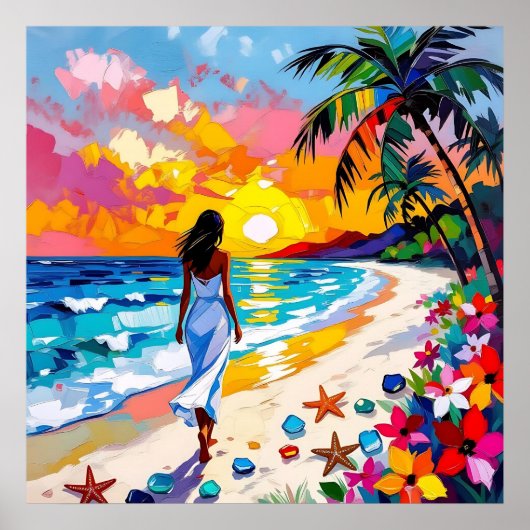 Abstract strandtafereel met levendige zonsondergan poster (Voorkant)