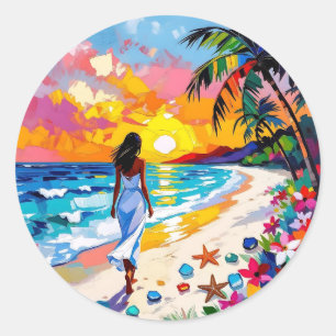 Abstract strandtafereel met levendige zonsondergan ronde sticker