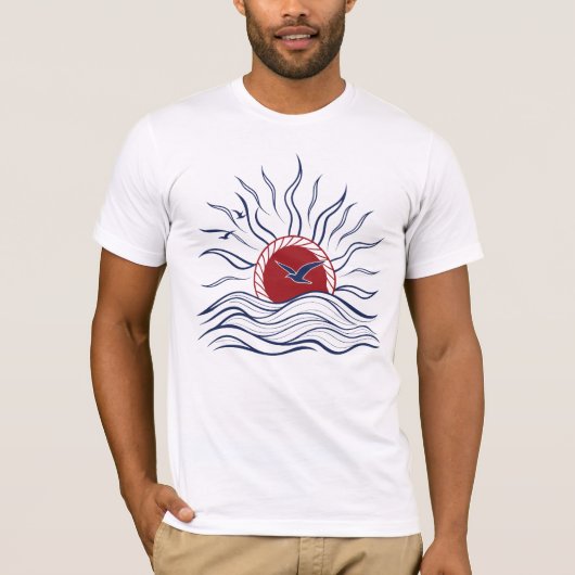 Abstract Sunset Illustration with Birds and Waves  T-shirt (Voorkant)
