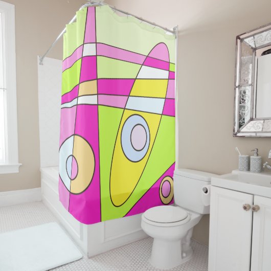 Abstract surfbaar, helder roze groen bubblegum douchegordijn (In situ)