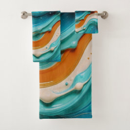Abstract Swirling Teal and Orange Glossy Fluid Bad Handdoek