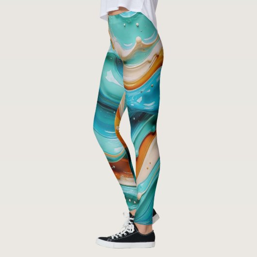 Abstract Swirling Teal and Orange Glossy Fluid  Leggings (Links)