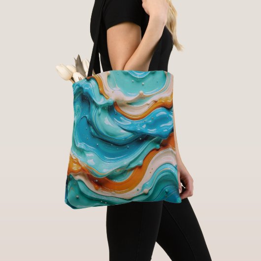 Abstract Swirling Teal and Orange Glossy Fluid Tote Bag (Dichtbij)