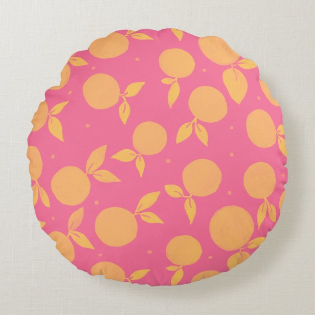 Abstract tangerine roze en geel patroon rond kussen (Voorkant)