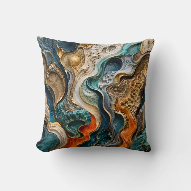 Abstract Teal en Oranje Luxe 3D Vloeibare Kunst Kussen (Voorkant)