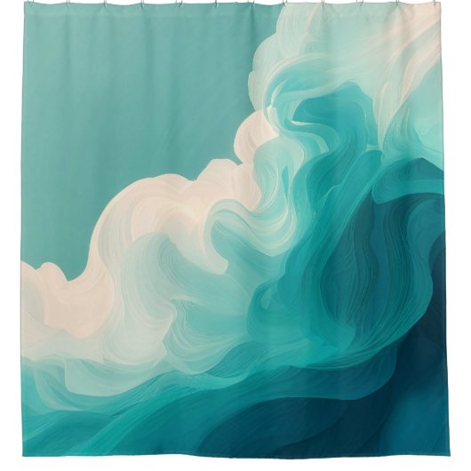 Abstract Teal en Witte Stromende Golven Douchegordijn (Voorkant)
