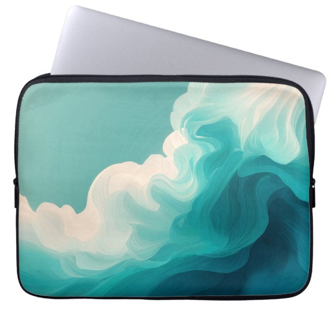 Abstract Teal en Witte Stromende Golven Laptop Sleeve (Voorkant)