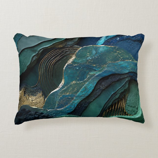 Abstract Teal Groen Goud Marmer Luxe Geologisch  Accent Kussen (Voorkant)