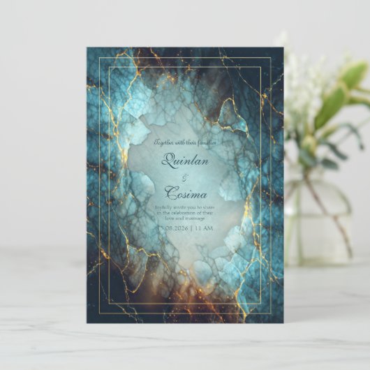 Abstract Teal Turquoise Gilded Geode Wedding Kaart (Staand voorkant)