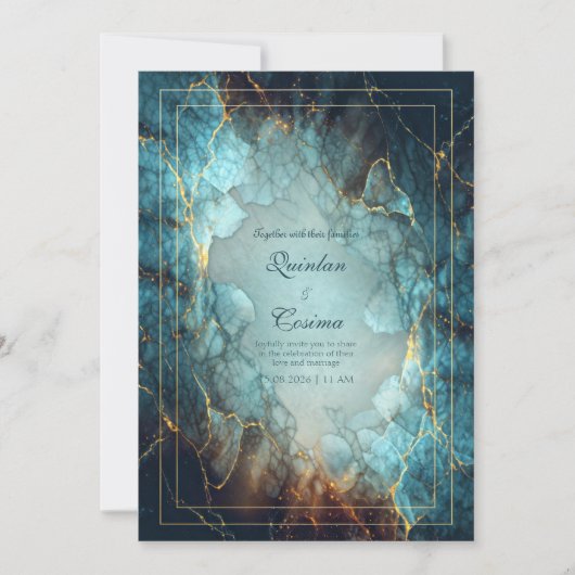 Abstract Teal Turquoise Vergulde Geode Trouwfeest Kaart (Voorkant)