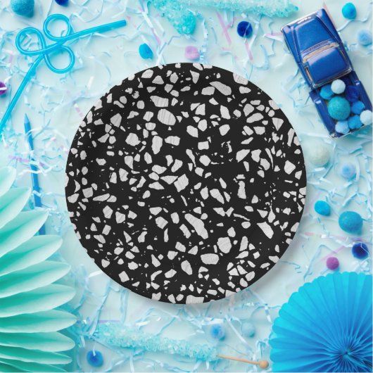Abstract Terrazzo Mosaic Black en White Pattern Papieren Bordje (Feest)