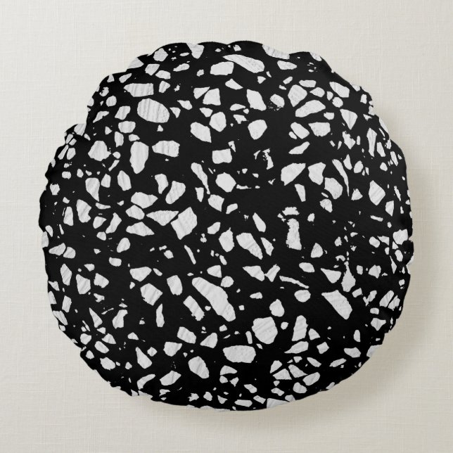 Abstract Terrazzo Mosaic Black en White Pattern Rond Kussen (Voorkant)