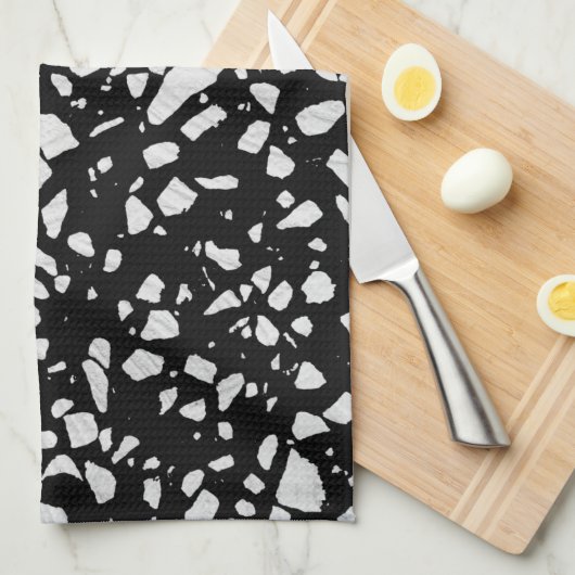 Abstract Terrazzo Mosaic Black en White Pattern Theedoek (Quarter Fold)