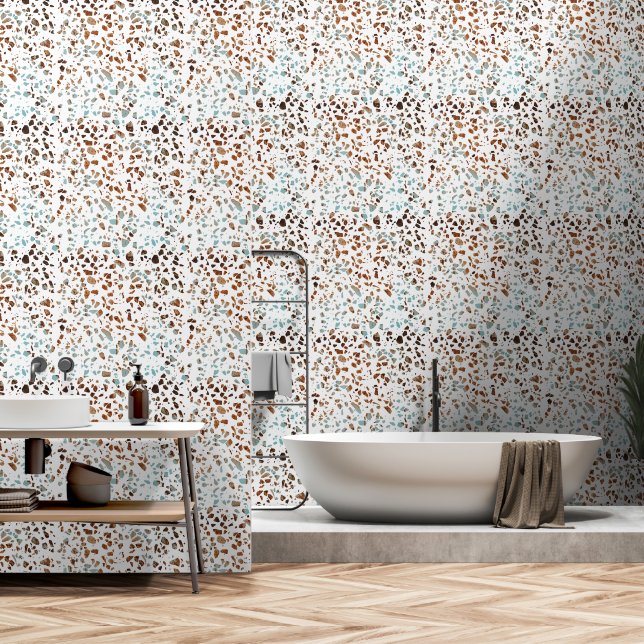 Abstract Terrazzo Mosaic Rust Brown & Blue Pattern Behang (Badkamer)