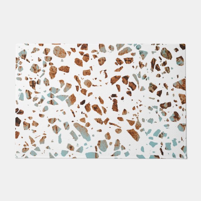 Abstract Terrazzo Mosaic Rust Brown & Blue Pattern Deurmat (Voorkant)