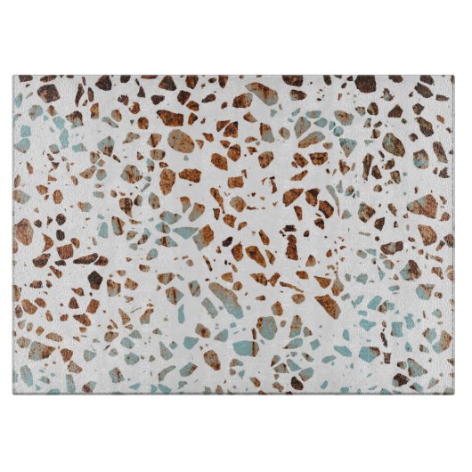 Abstract Terrazzo Mosaic Rust Brown & Blue Pattern Snijplank (Voorkant)