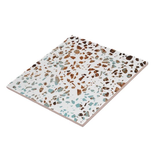 Abstract Terrazzo Mosaic Rust Brown & Blue Pattern Tegeltje (Zijkant)