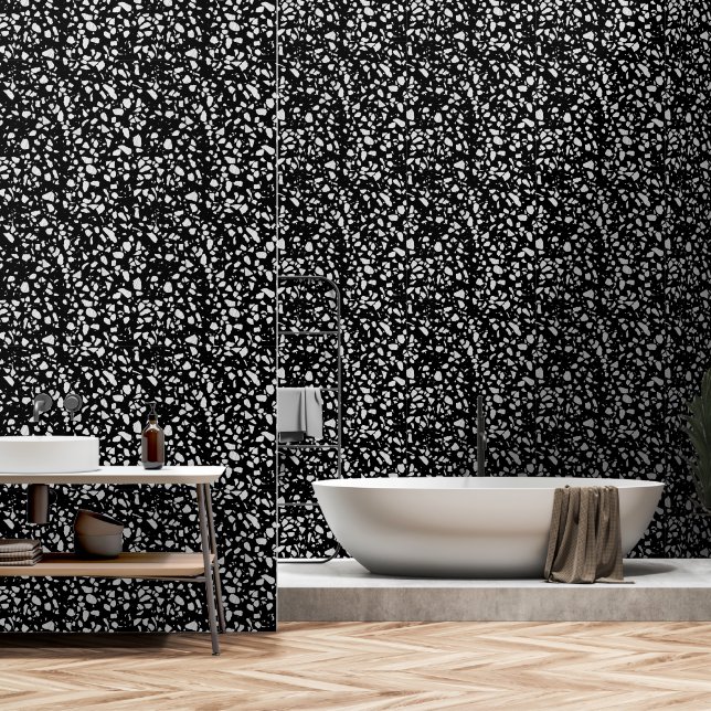 Abstract Terrazzo Mozaïek Zwart en Wit Patroon   Behang (Badkamer)