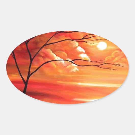 Abstract Tree & Red Sunset Ovale Sticker (Voorkant)