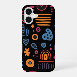 Abstract Tribal Doodle Neon Geometrisch Zwart iPhone 16 Hoesje