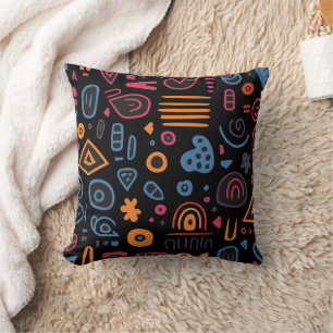 Abstract Tribal Doodle Neon Geometrisch Zwart Kussen