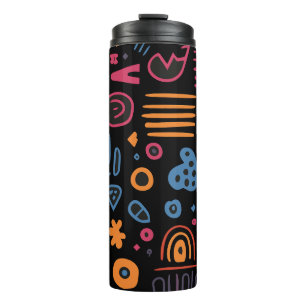 Abstract Tribal Doodle Neon Geometrisch Zwart Thermosbeker