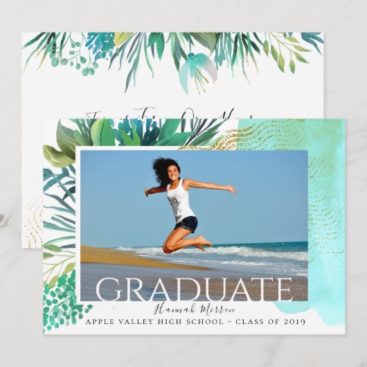 Abstract Tropisch Afstuderen Fotoaankondiging Kaart (Voorkant / Achterkant)