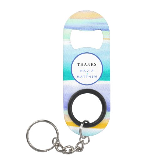 Abstract tropisch getijdenblauw aqua geel bruiloft mini flessenopener (Voorkant)