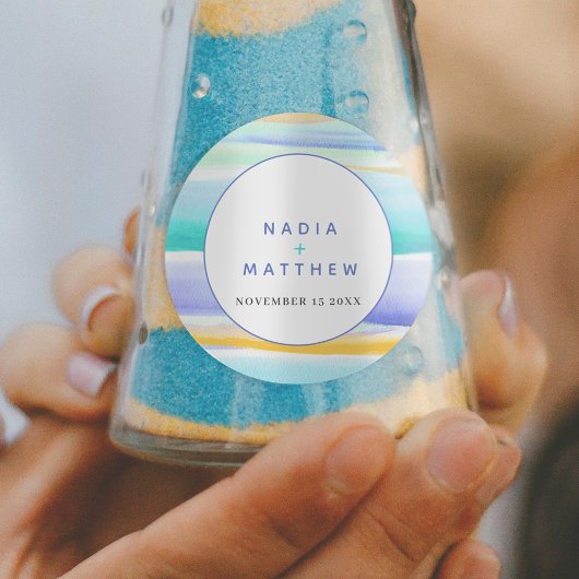 Abstract tropisch getijdenblauw aqua geel bruiloft ronde sticker