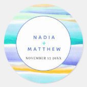 Abstract tropisch getijdenblauw aqua geel bruiloft ronde sticker (Voorkant)