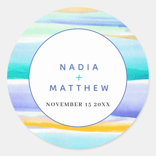 Abstract tropisch getijdenblauw aqua geel bruiloft ronde sticker (Voorkant)