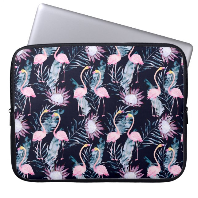 Abstract tropisch patroon met flamingo, protea, l laptop sleeve (Voorkant)