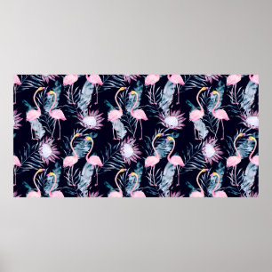 Abstract tropisch patroon met flamingo, protea, l poster