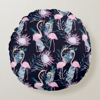 Abstract tropisch patroon met flamingo, protea, l rond kussen