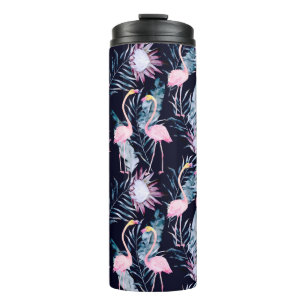Abstract tropisch patroon met flamingo, protea, l thermosbeker
