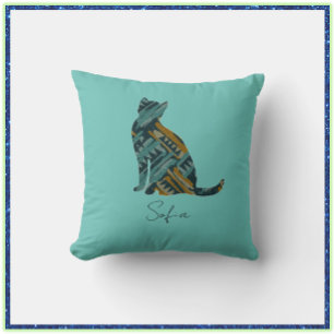 Abstract Turquoise en Gouden Kat Kussen