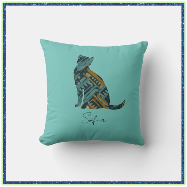 Abstract Turquoise en Gouden Kat  Kussen (Creator heeft geüpload)