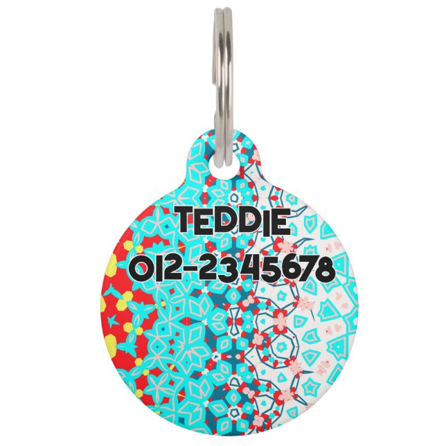 Abstract Turquoise Rood Geel met Contactnummer. Huisdierpenning (Voorkant)