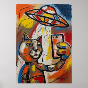 Abstract UFO Kat Kleurrijke Cubistische Kat Poster