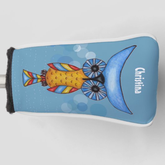 Abstract Uil Blauw Hoofd Geel Lichaam Cirkels Dash Golfheadcover (Voorkant)