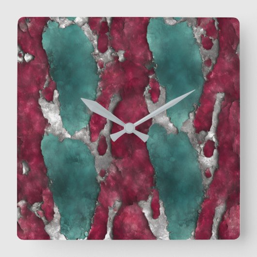 Abstract Verdigris & Robijn met Metallic Zilver Vierkante Klok (Voorkant)