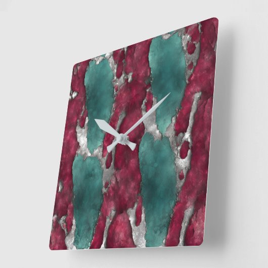 Abstract Verdigris & Ruby with Metallic Silver Vierkante Klok (Hoek)