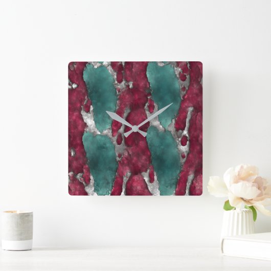 Abstract Verdigris & Ruby with Metallic Silver Vierkante Klok (Huis)