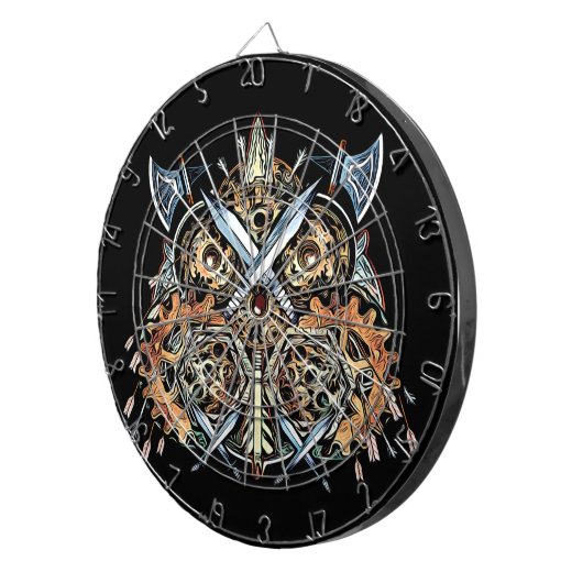 Abstract Viking Owl Cogwheels Face Mask Dartbord (Voorkant Rechts)