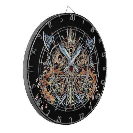Abstract Viking Owl Cogwheels Face Mask Dartbord (Voorkant Links)